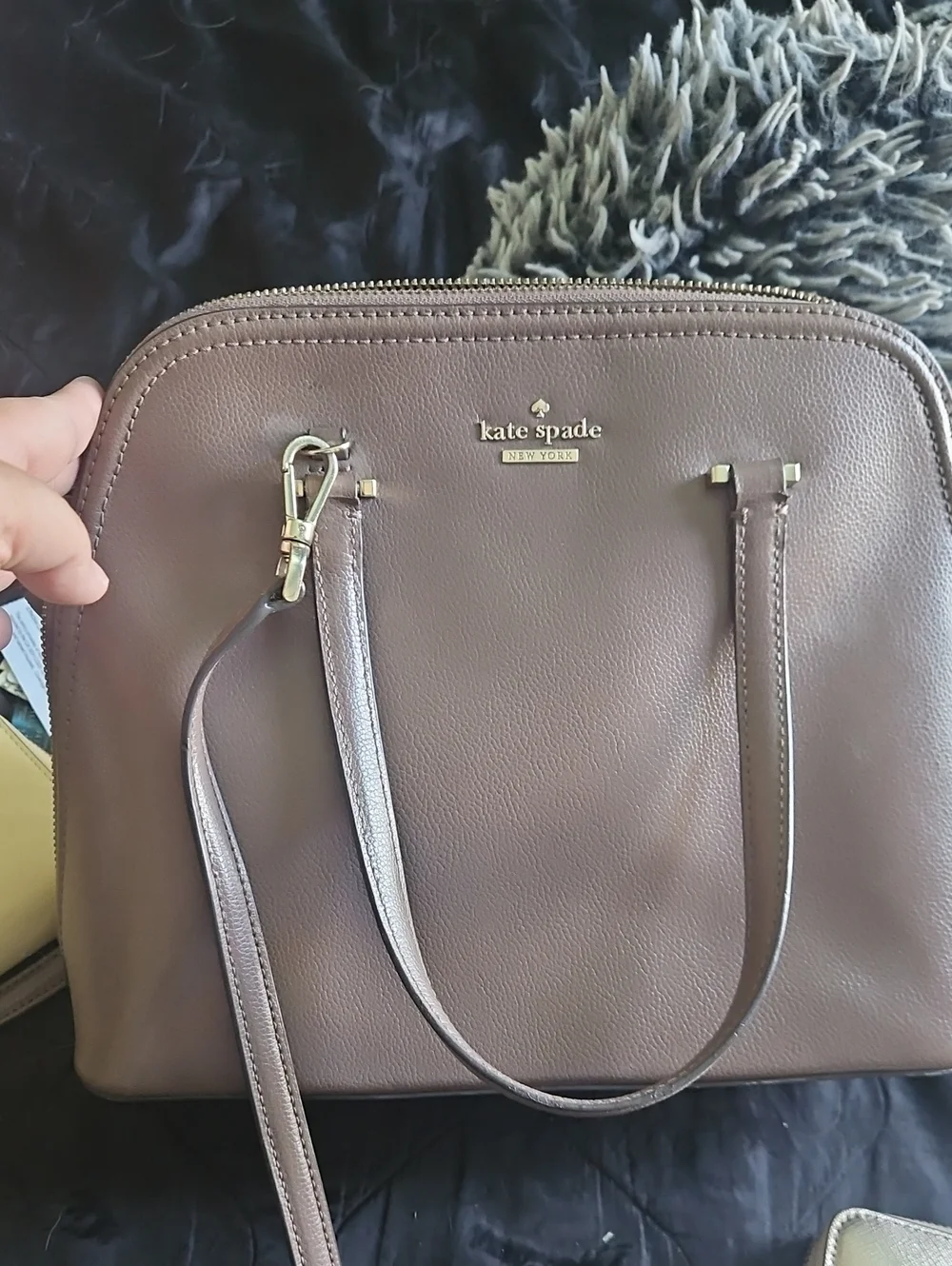 kate spade Neutral Taupe Leather Dome Satchel with Gold Logo